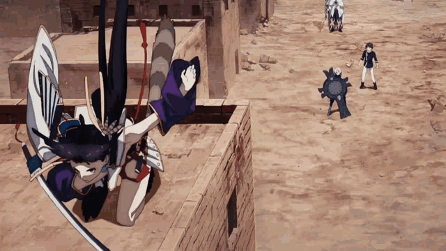 a cartoon character is holding a sword and shield in a desert