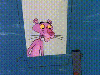 a pink panther looking out of a window with a cigarette sticking out of it