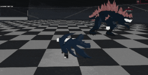 a black and white checkered floor with a monster in the middle of it