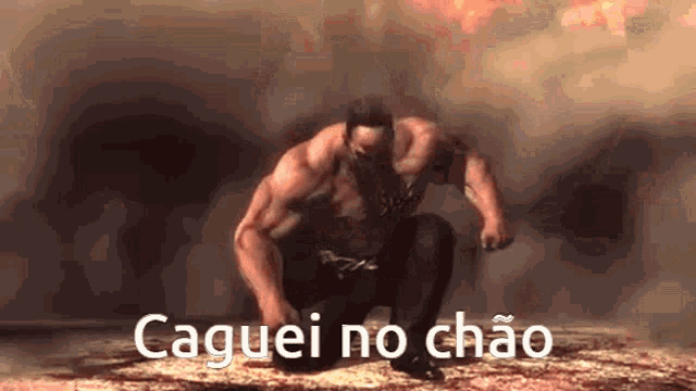 a man is kneeling down with the words caguei no chao written on the bottom