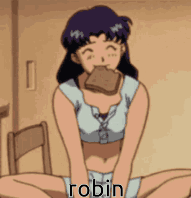 a girl is sitting on the floor eating a piece of bread and the name robin is on the bottom of the picture