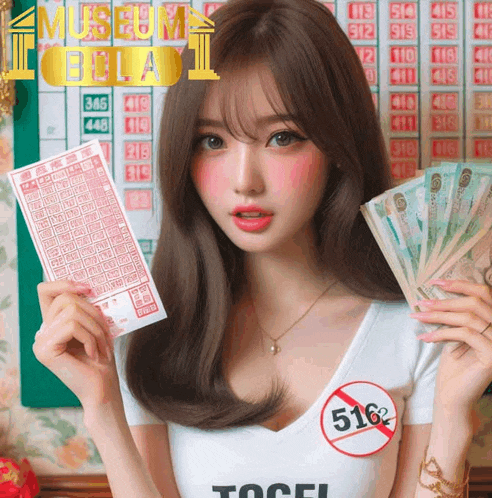a woman holding a lottery ticket and a fan of money