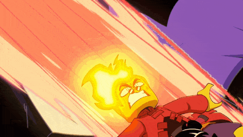 a cartoon character with a flaming head is being attacked by another character