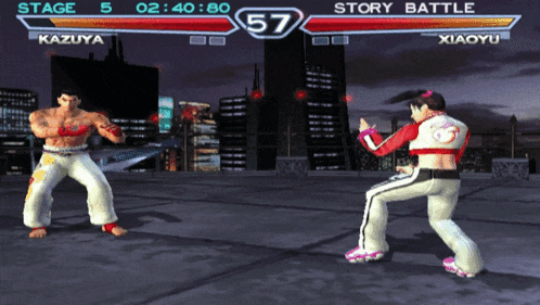 a video game screen shows a man and a woman fighting each other in stage 5