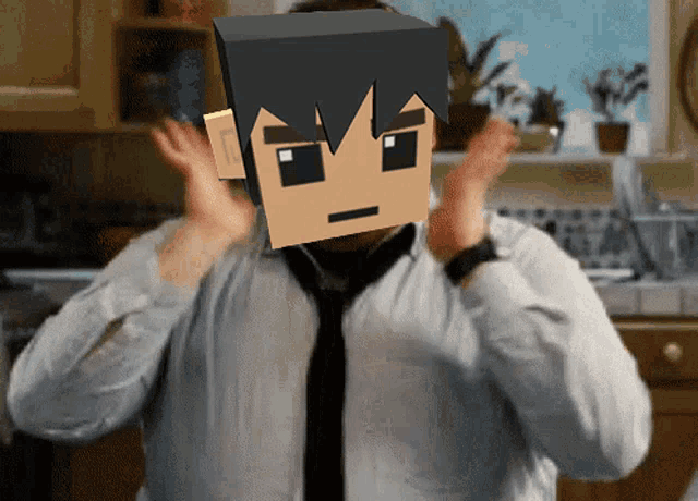 a man in a white shirt and tie has a cartoon character on his face