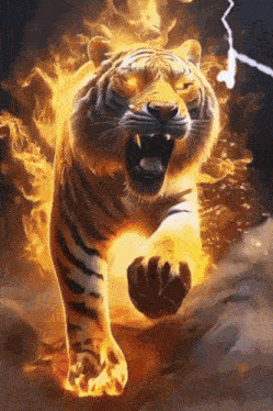a painting of a tiger surrounded by flames