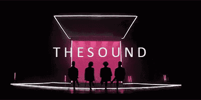 a group of people standing in front of a sign that says the sound