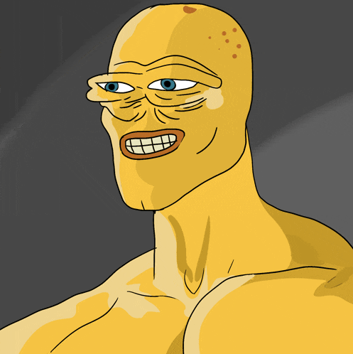 a cartoon drawing of a bald man with a big smile