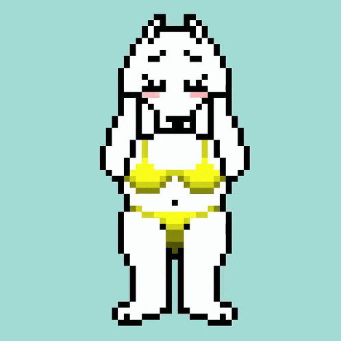 a pixel art of a goat wearing a yellow bikini top