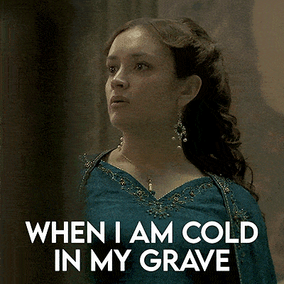 a woman in a blue dress with the words " when i am cold in my grave "