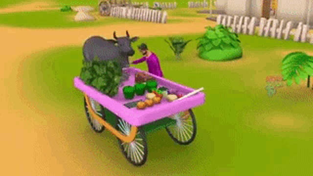 a man is pushing a cart full of vegetables in a video game .