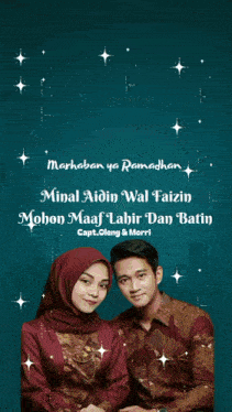 a man and a woman are sitting next to each other on a greeting card that reads selamat hari raya idul fitri