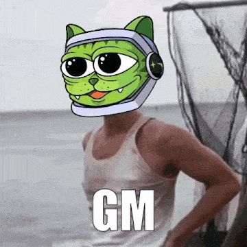 a man wearing a tank top has a cartoon cat on his head and the word gm below him