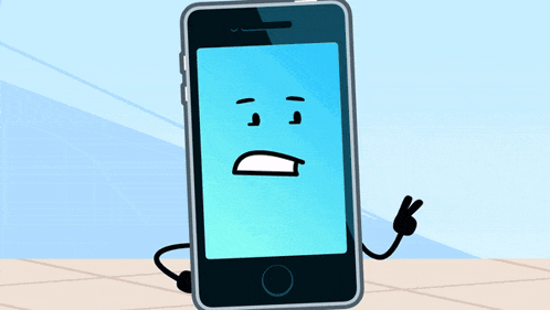 a cartoon character is holding a cell phone with a sad face on the screen