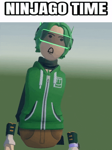 a ninjago time poster with a cartoon character wearing a green jacket