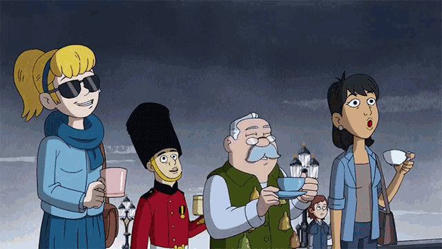 a group of cartoon characters are standing next to each other holding cups of tea