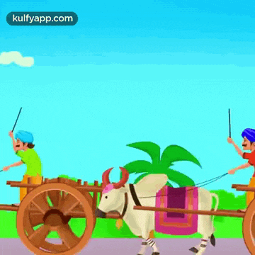 a cartoon of a cow pulling a cart with two men in it