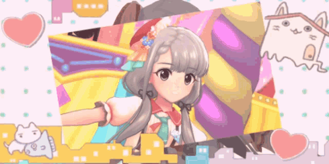 a girl with pigtails is surrounded by cats and hearts on a pink background