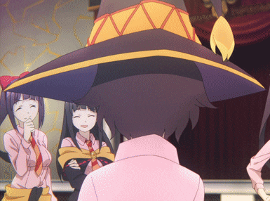 a group of anime characters including a girl wearing a pink shirt and a witch hat