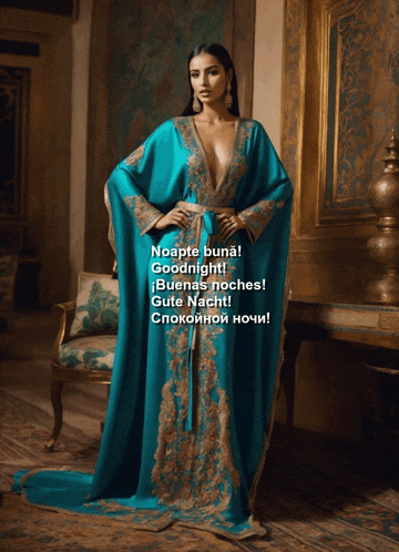 a woman in a blue and gold dress with the words noapte buna goodnight written above her