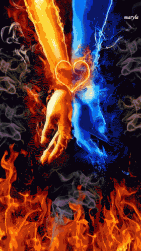 a couple holding hands with a heart in the middle surrounded by flames