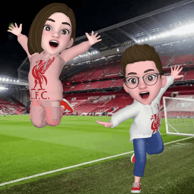 a boy and a girl are jumping in the air on a soccer field while wearing l.f.c. jerseys