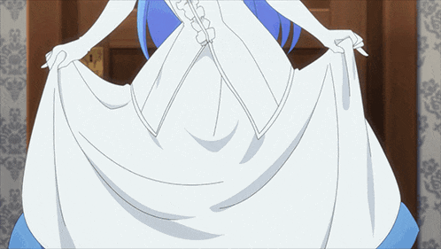 a woman in a white dress with blue hair is standing in front of a door