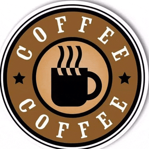a coffee cup with steam coming out of it is in a circle with the words `` coffee '' written around it .