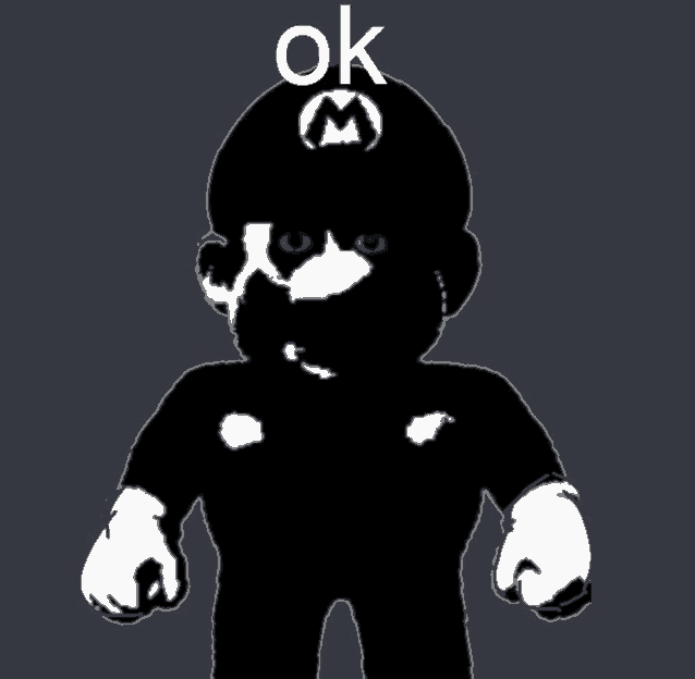 a black and white drawing of mario with the word ok on top