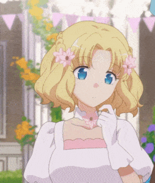a girl with blonde hair and blue eyes wearing a white dress with pink flowers in her hair