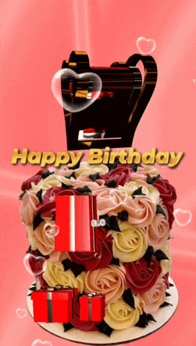 a birthday cake with roses and presents and the words happy birthday