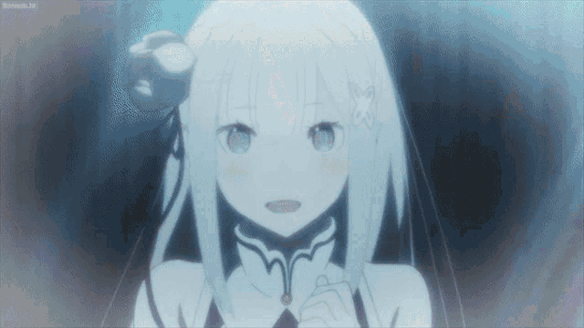 a girl with white hair and purple eyes is standing in the water .