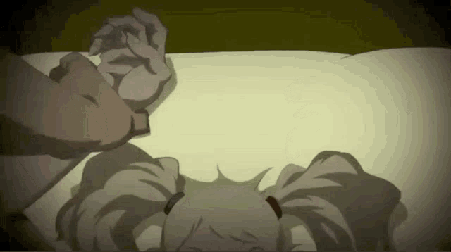 a cartoon of a girl laying on a bed with a man holding her hand