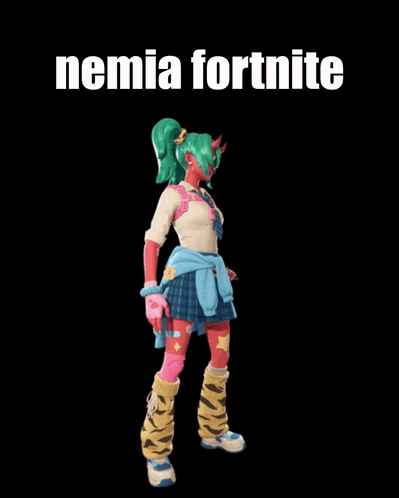 a girl with green hair is standing in front of a black background that says " nemia fortnite " on it