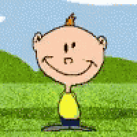 a cartoon character is standing in the grass with a smiley face on his face .
