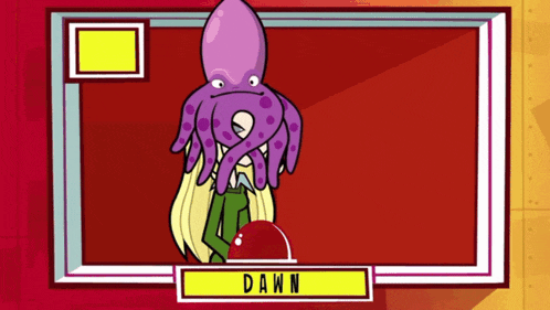 a cartoon character named dawn has a purple octopus on her head