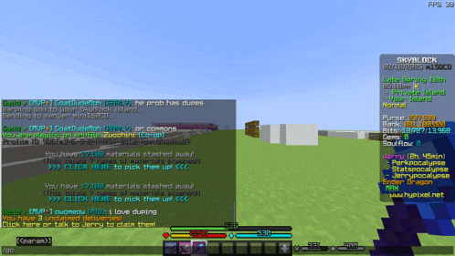 a screenshot of a game called skyblock with a lot of text on it