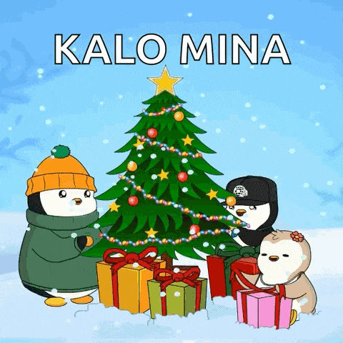 two penguins decorating a christmas tree with the words kalo mina written above them