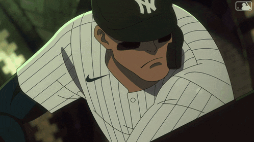 a new york yankees baseball player wearing a black hat