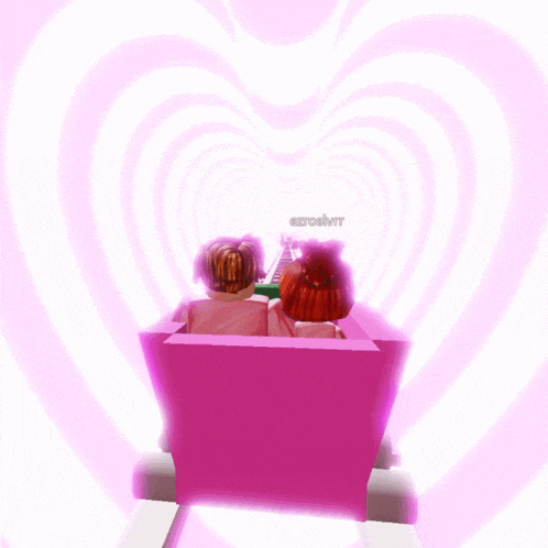 a couple riding a roller coaster with a pink heart behind them