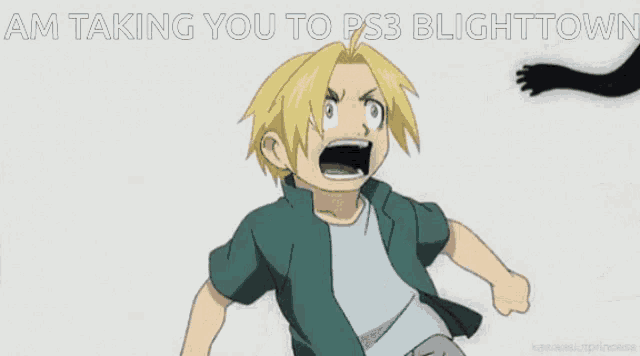 a cartoon of a boy running with the words " am taking you to ps3 blighttown " on the bottom