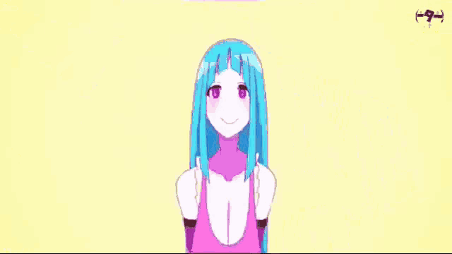 a cartoon of a girl with blue hair and a pink dress