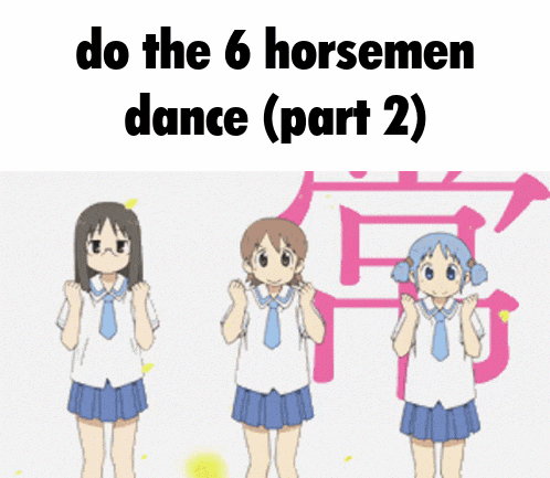 three girls are dancing in front of a sign that says do the 6 horsemen dance