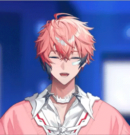 a man with pink hair is wearing a pink sweater and a white shirt and is smiling .