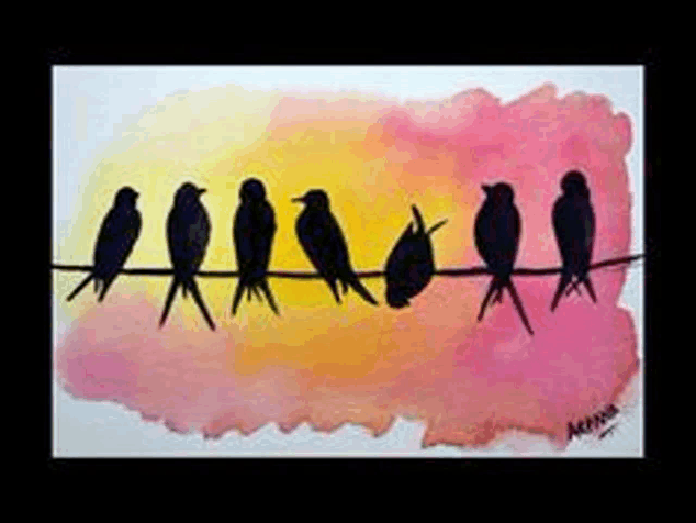 a painting of birds sitting on a wire with a pink background .