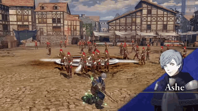 a video game character named ashe is standing in front of a large group of soldiers