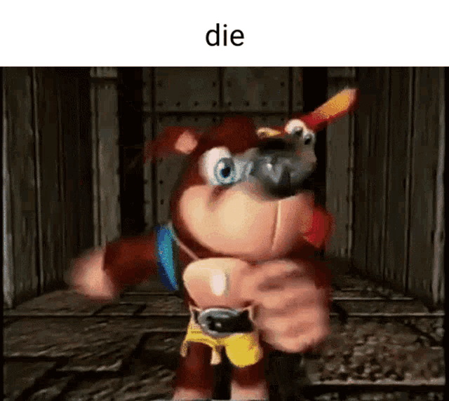 a video game character is standing in a hallway with the word die on the bottom