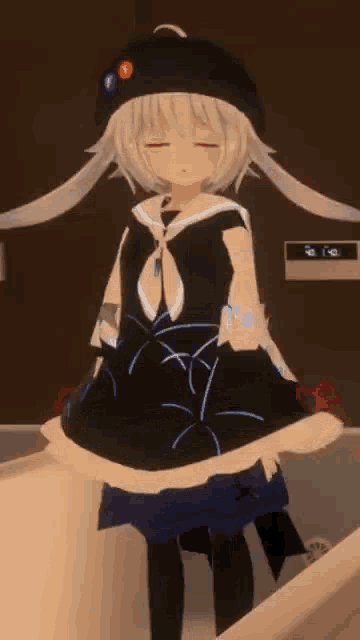 a 3d anime girl with white hair and a black hat is standing on a staircase .