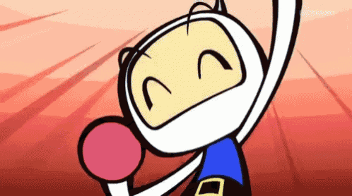 a cartoon character is holding a pink ball in his hand and raising his arm in the air .