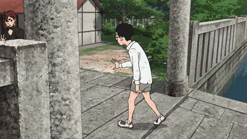a cartoon drawing of a boy walking on a stone walkway